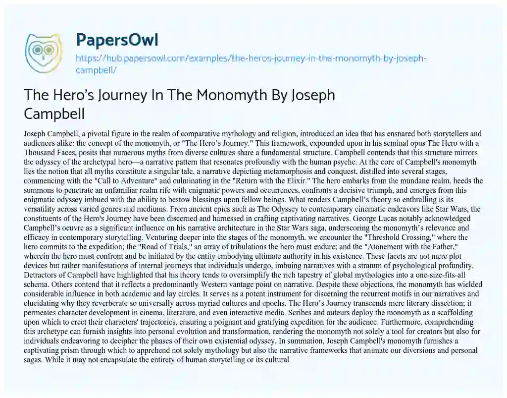 Essay on The Hero’s Journey In The Monomyth By Joseph Campbell
