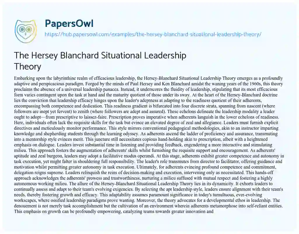 Essay on The Hersey Blanchard Situational Leadership Theory