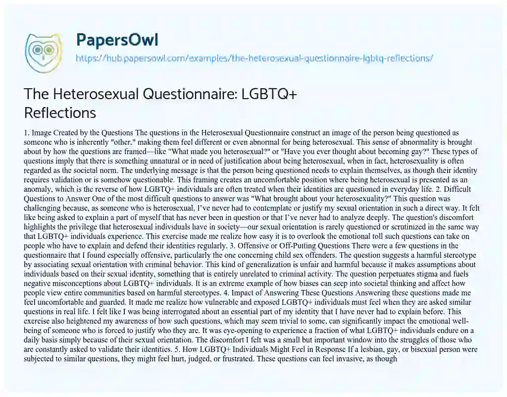 Essay on The Heterosexual Questionnaire: LGBTQ+ Reflections