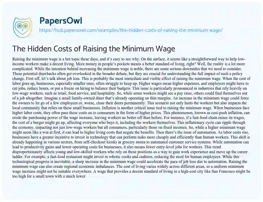 Essay on The Hidden Costs of Raising the Minimum Wage