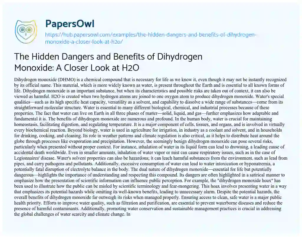 Essay on The Hidden Dangers and Benefits of Dihydrogen Monoxide: A Closer Look at H2O