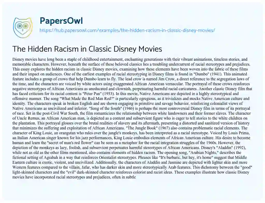 Essay on The Hidden Racism in Classic Disney Movies