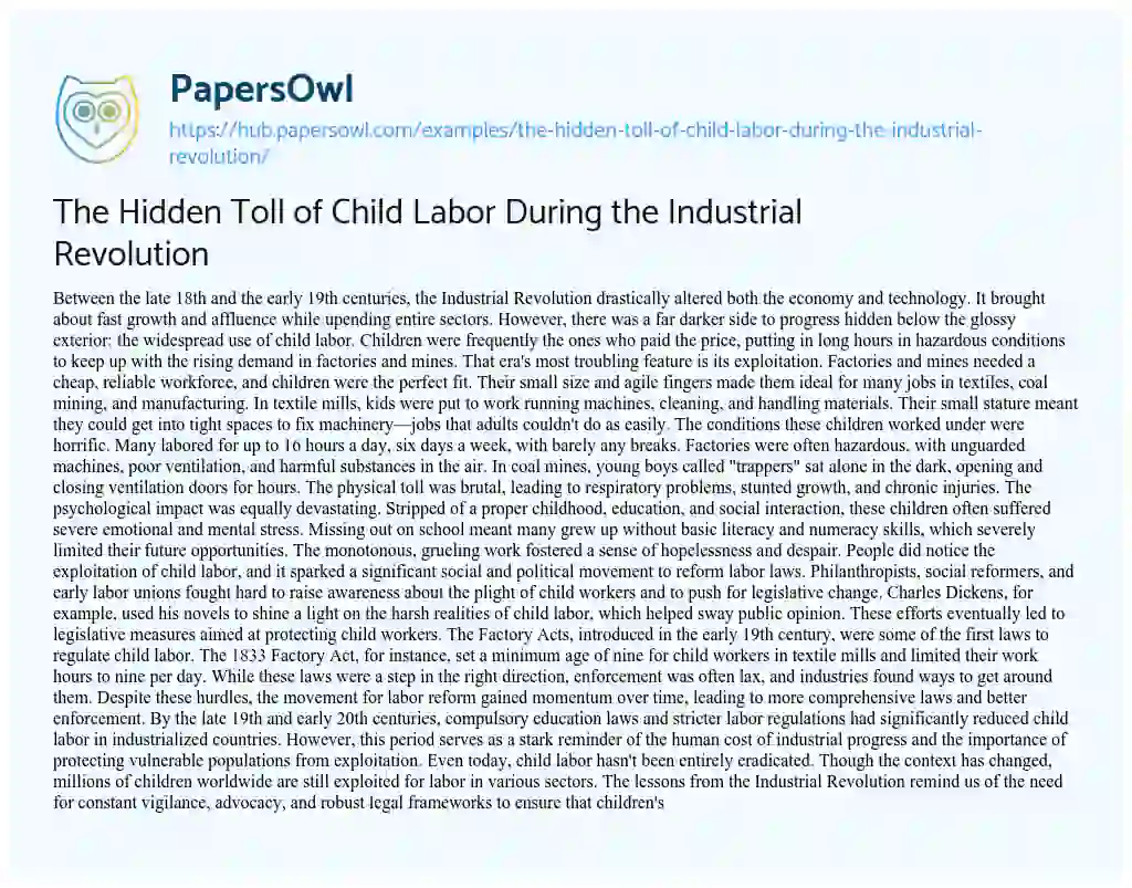 Essay on The Hidden Toll of Child Labor During the Industrial Revolution