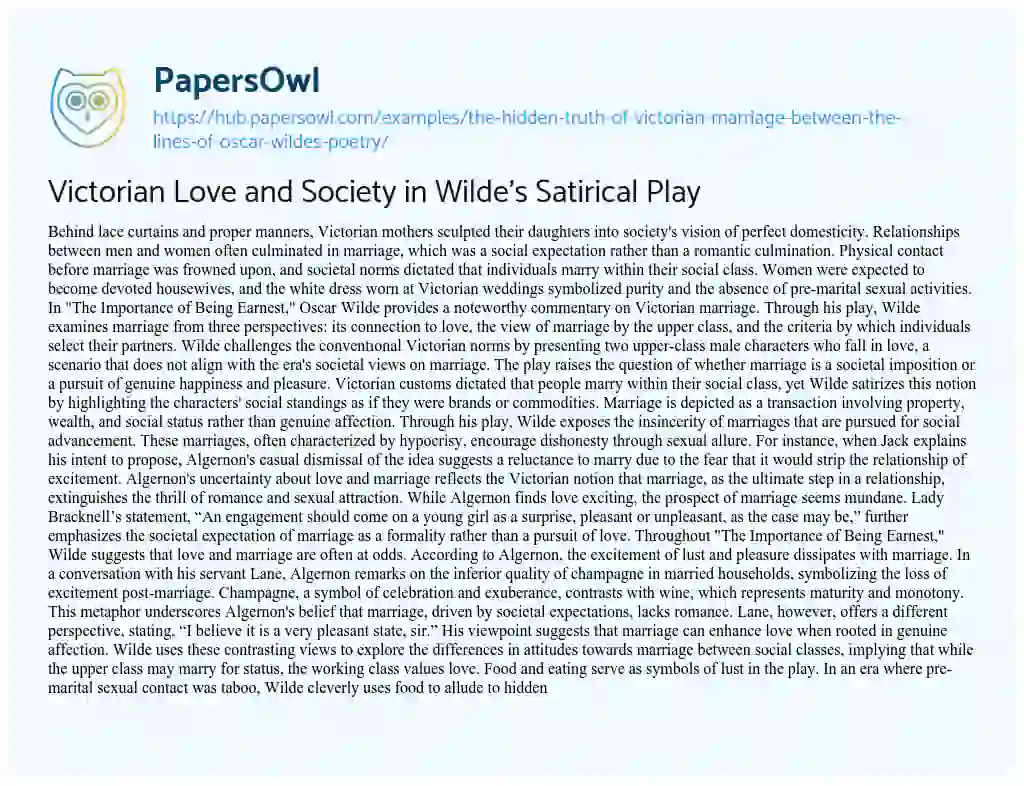 Essay on Victorian Love and Society in Wilde’s Satirical Play