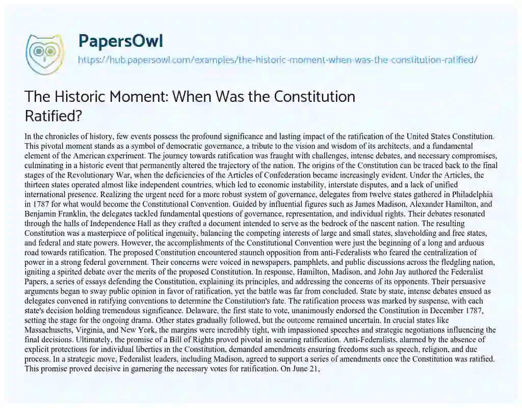 Essay on The Historic Moment: When Was the Constitution Ratified?