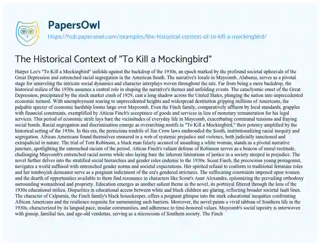 Essay on The Historical Context of “To Kill a Mockingbird”