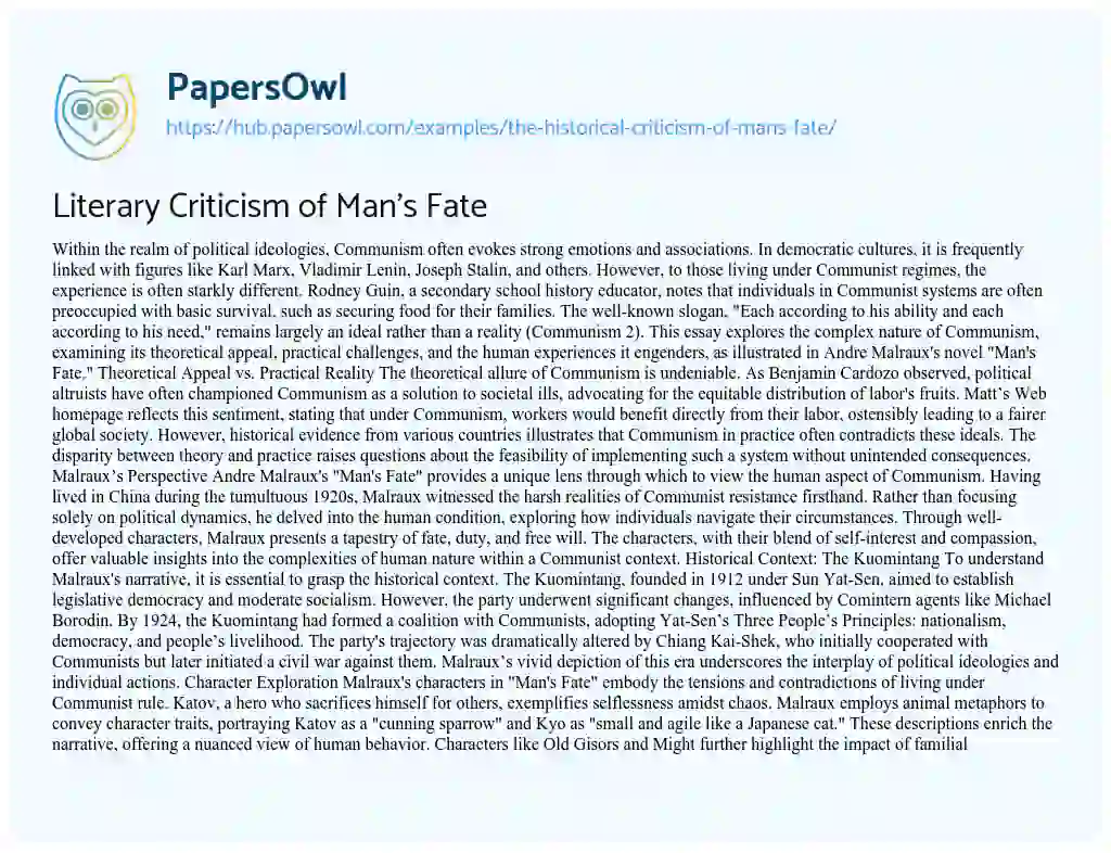 Essay on Literary Criticism of Man’s Fate
