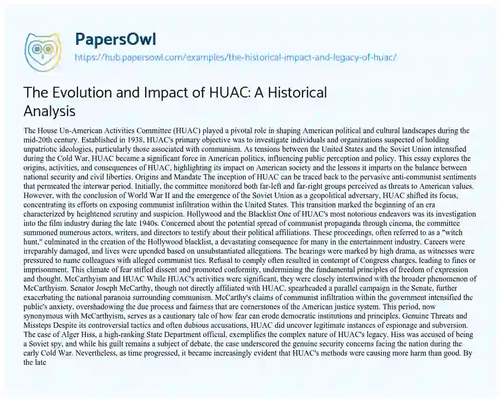 Essay on The Evolution and Impact of HUAC: A Historical Analysis