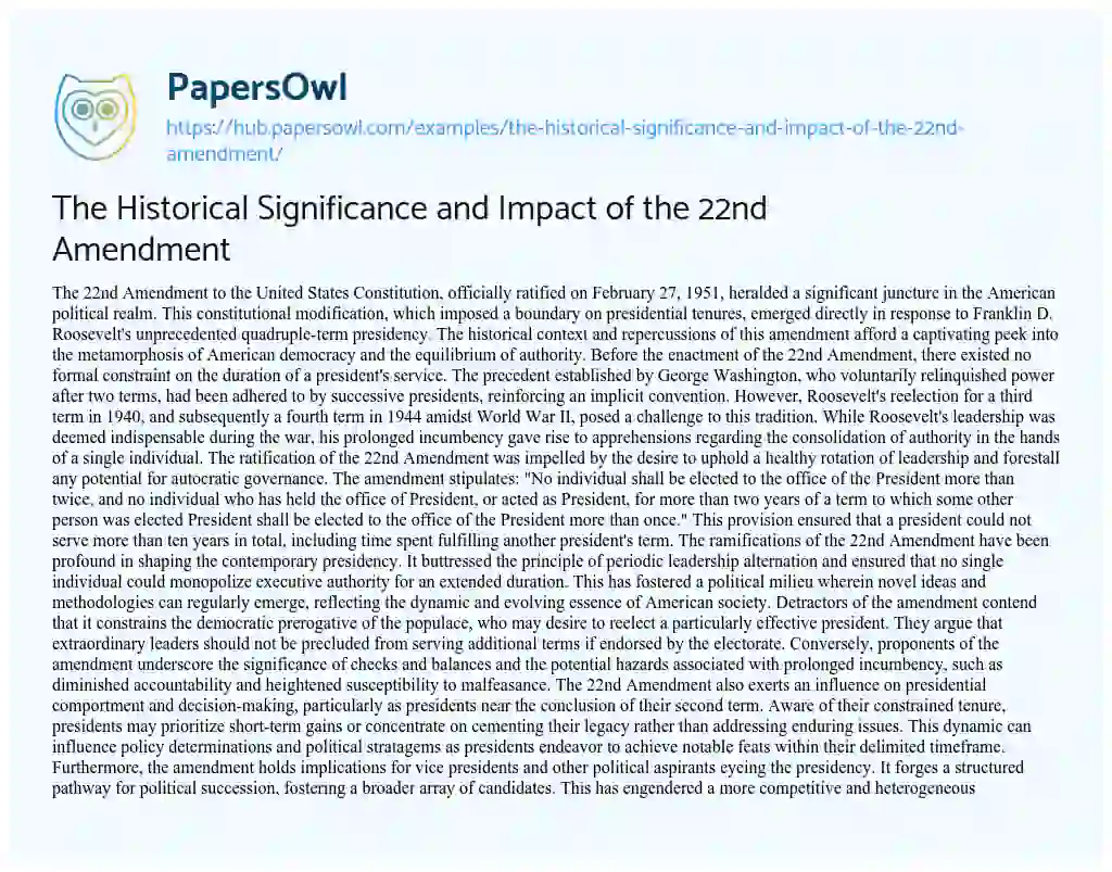 Essay on The Historical Significance and Impact of the 22nd Amendment