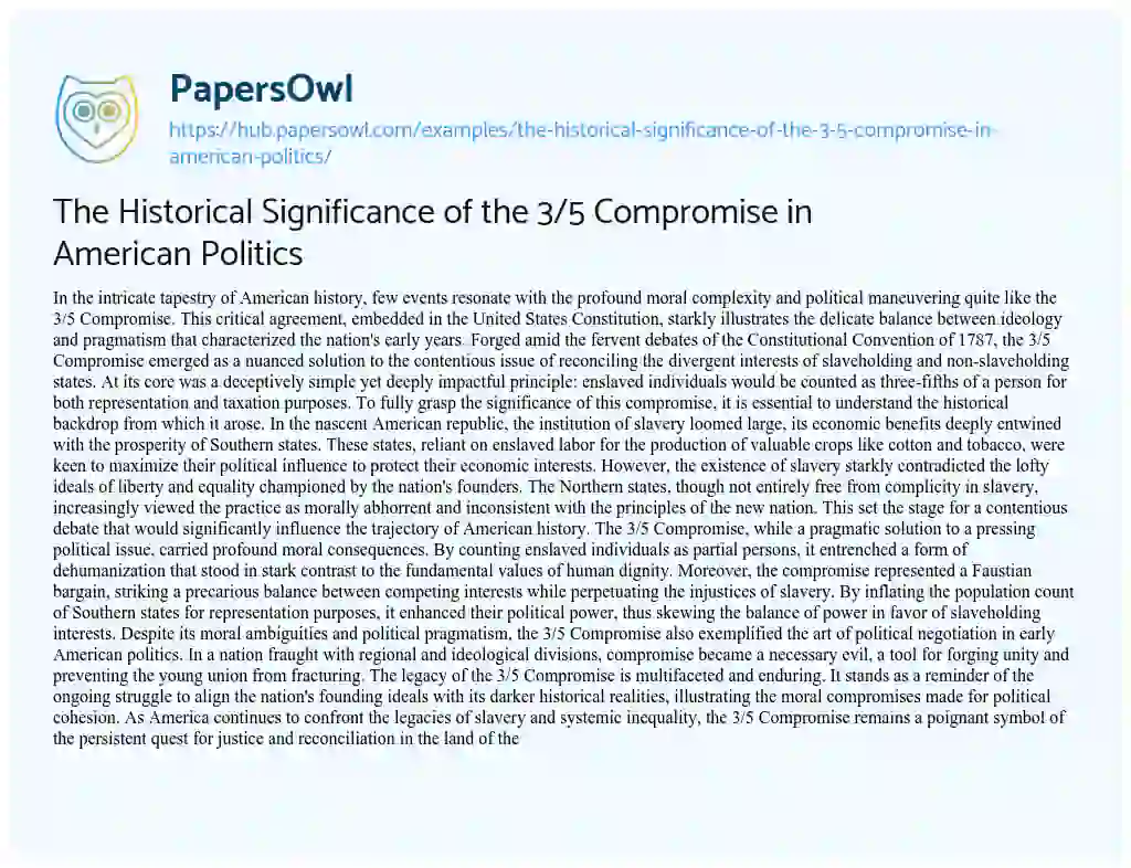 Essay on The Historical Significance of the 3/5 Compromise in American Politics