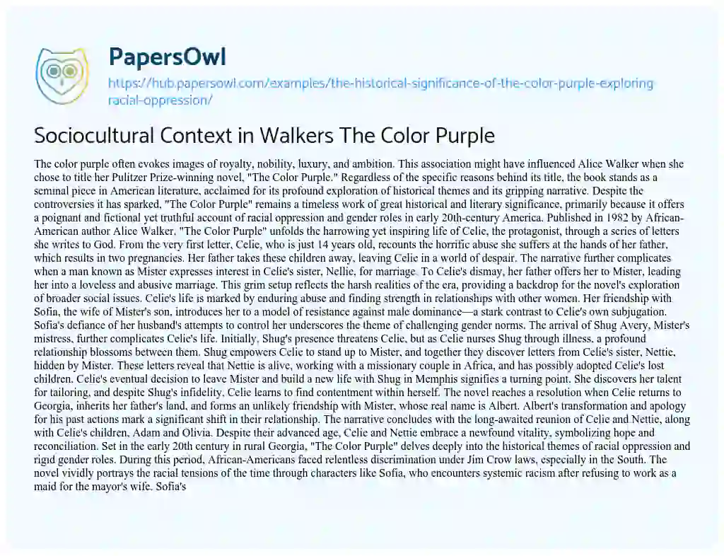 Essay on Sociocultural Context in Walkers The Color Purple