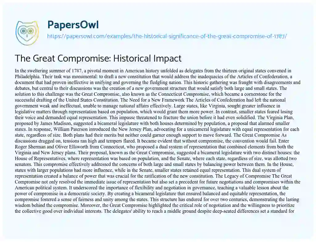 Essay on The Great Compromise: Historical Impact