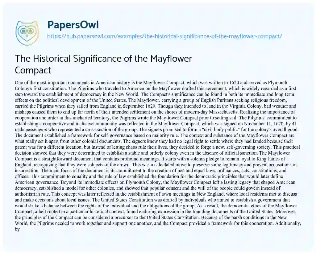 Essay on The Historical Significance of the Mayflower Compact