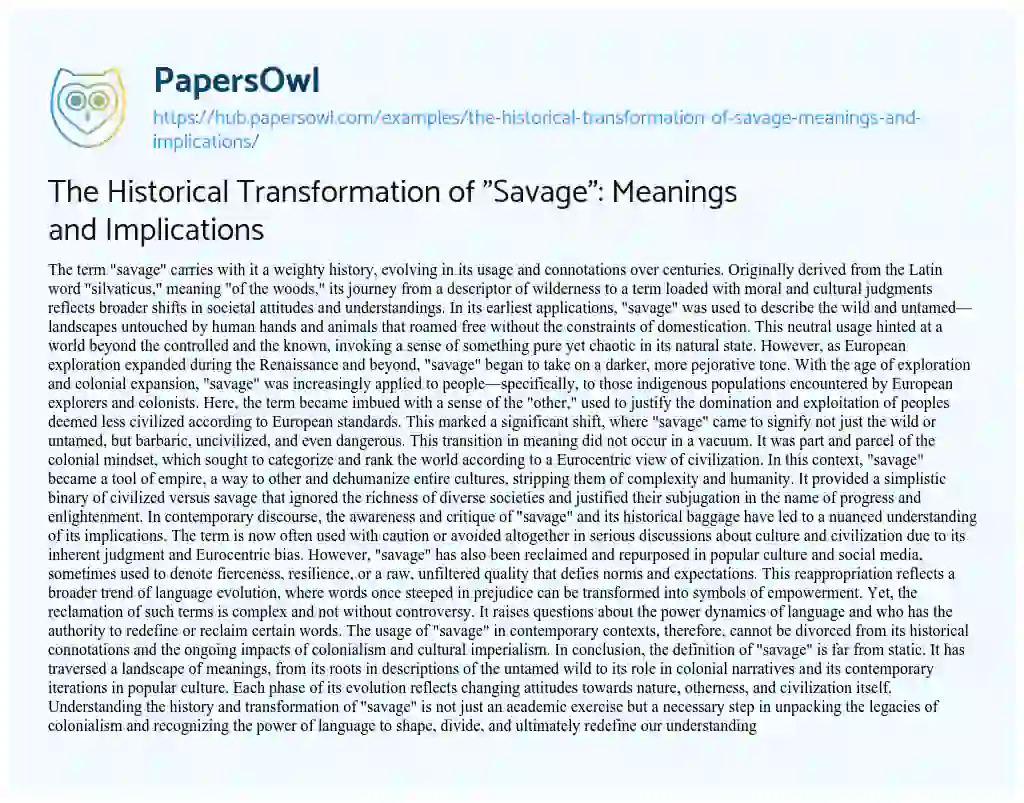 Essay on The Historical Transformation of “Savage”: Meanings and Implications