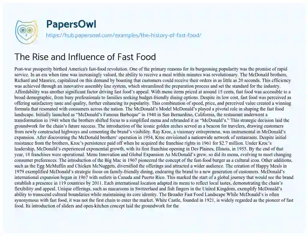 Essay on The Rise and Influence of Fast Food