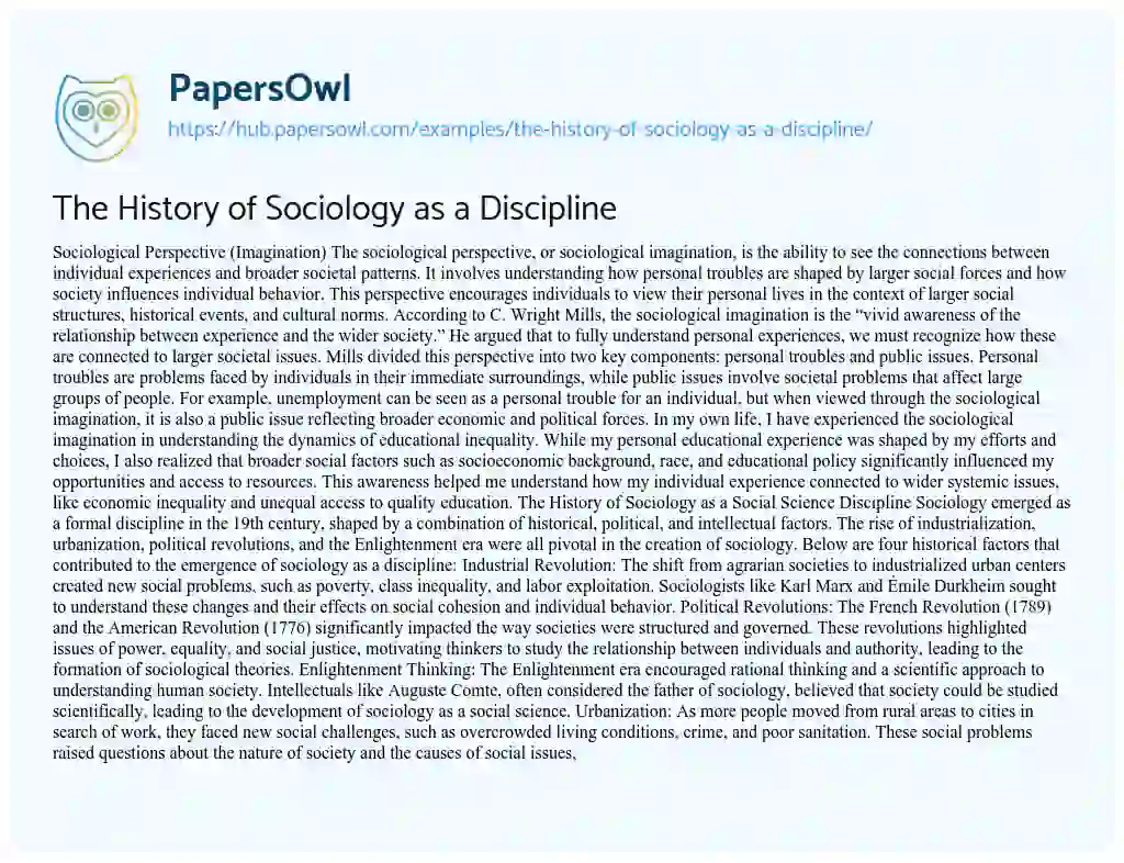 Essay on The History of Sociology as a Discipline