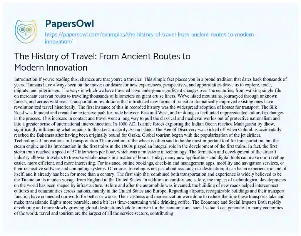Essay on The History of Travel: From Ancient Routes to Modern Innovation