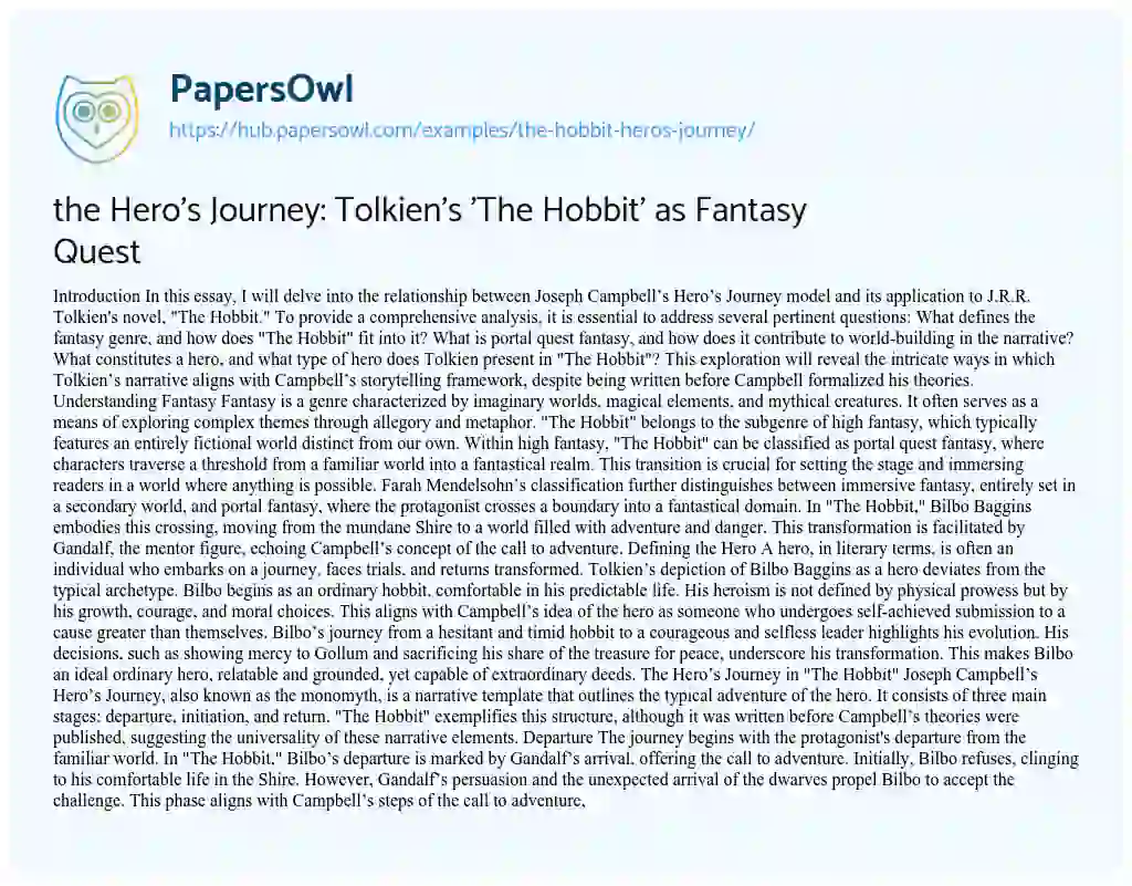 Essay on the Hero’s Journey: Tolkien’s ‘The Hobbit’ as Fantasy Quest