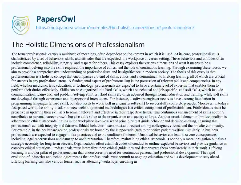 Essay on The Holistic Dimensions of Professionalism