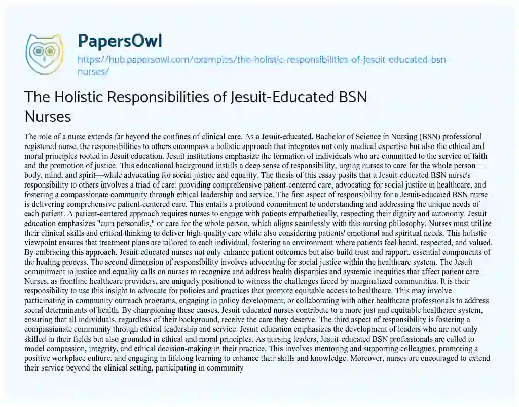 Essay on The Holistic Responsibilities of Jesuit-Educated BSN Nurses