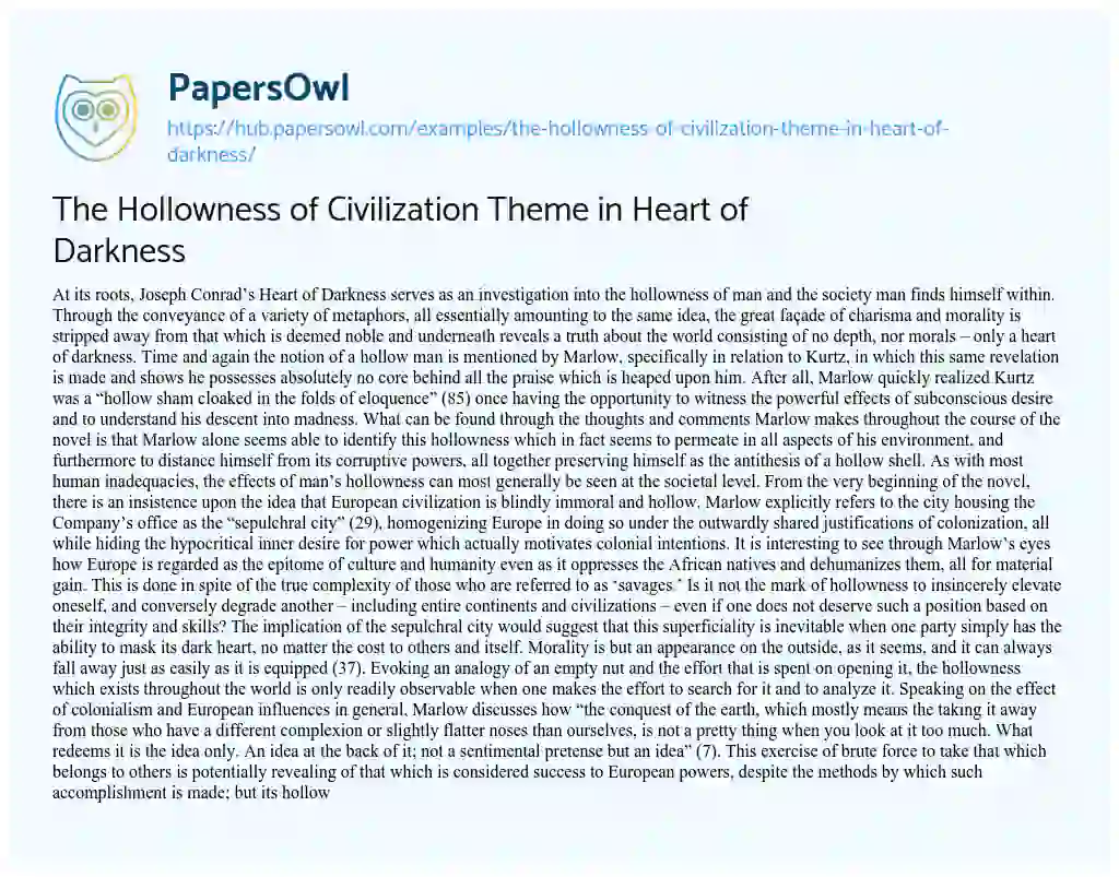 Essay on The Hollowness of Civilization Theme in Heart of Darkness