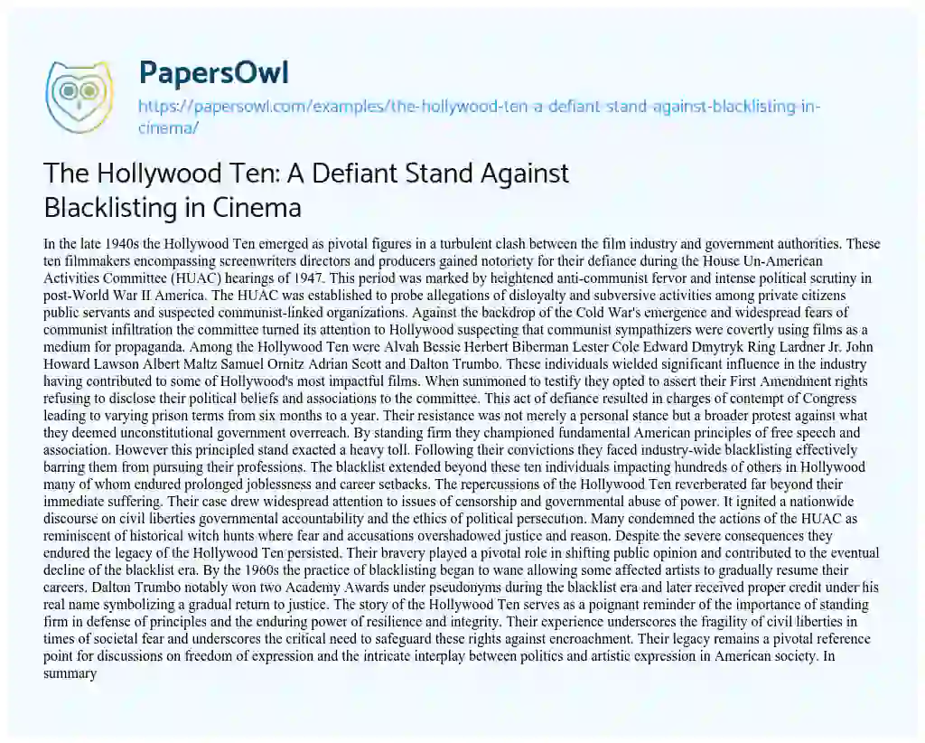 Essay on The Hollywood Ten: A Defiant Stand Against Blacklisting in Cinema