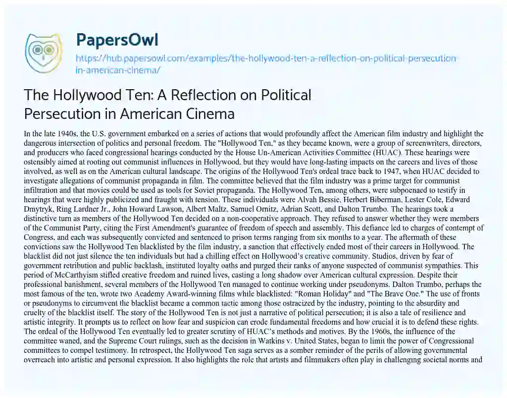 Essay on The Hollywood Ten: A Reflection on Political Persecution in American Cinema