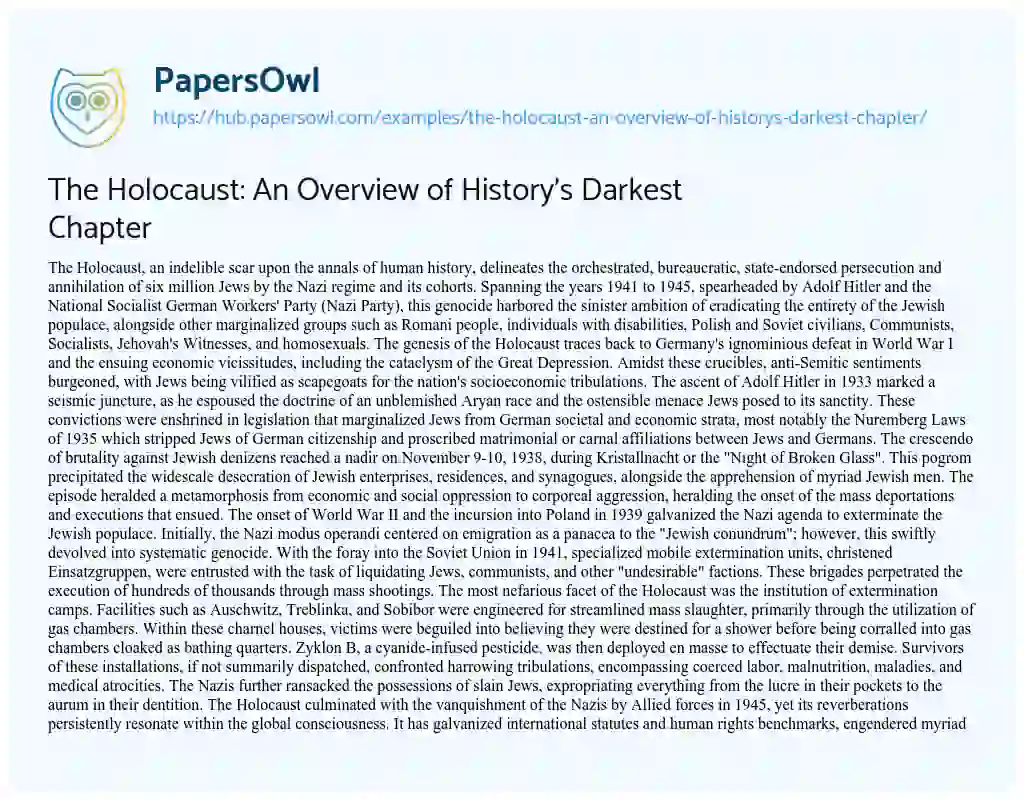 Essay on The Holocaust: An Overview of History’s Darkest Chapter