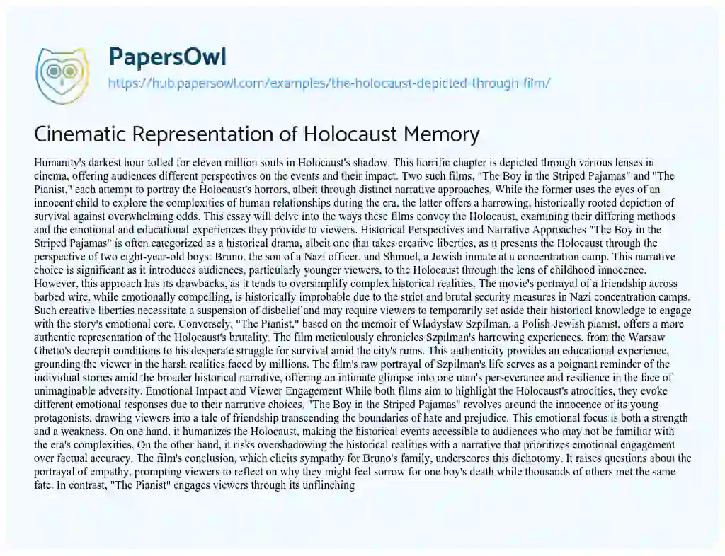Essay on Cinematic Representation of Holocaust Memory