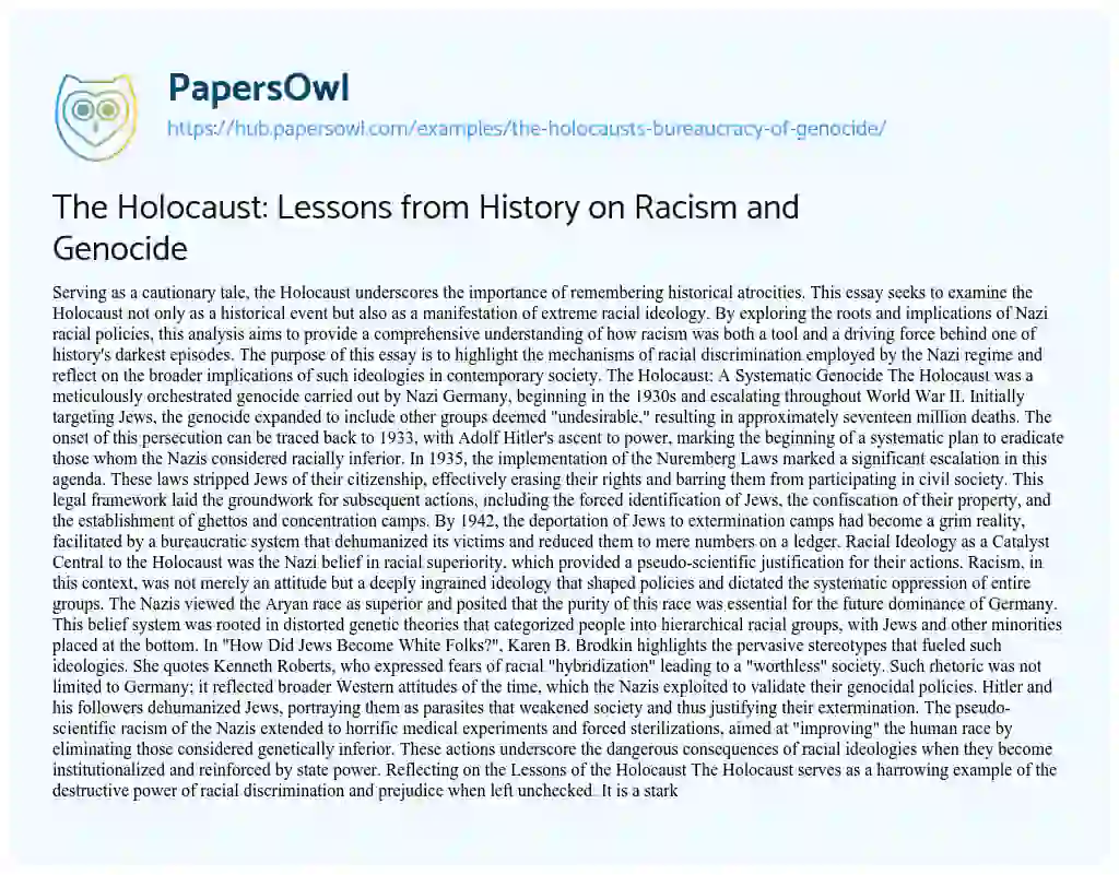 Essay on The Holocaust: Lessons from History on Racism and Genocide