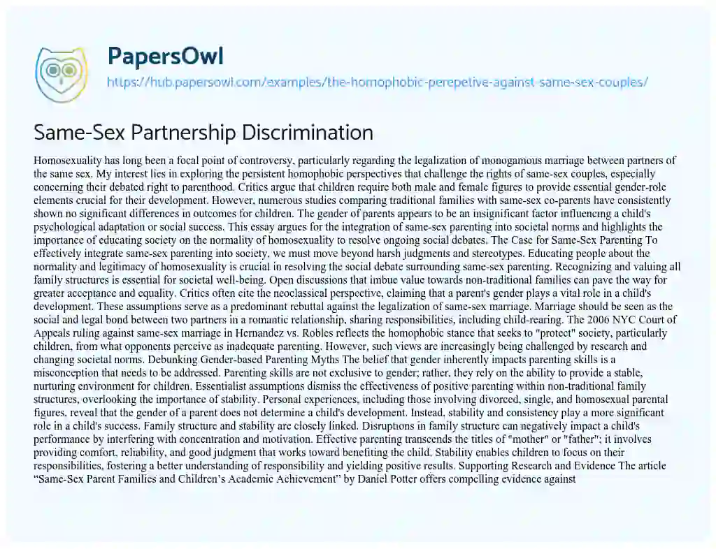 Essay on Same-Sex Partnership Discrimination