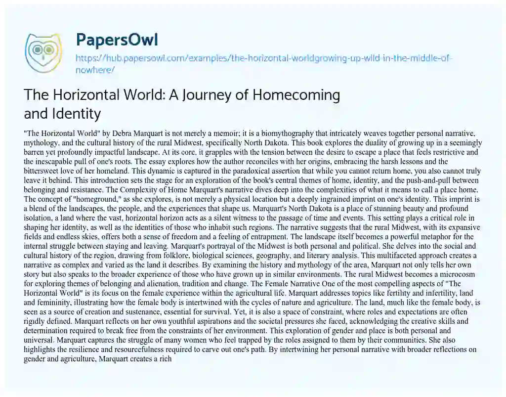 Essay on The Horizontal World: A Journey of Homecoming and Identity