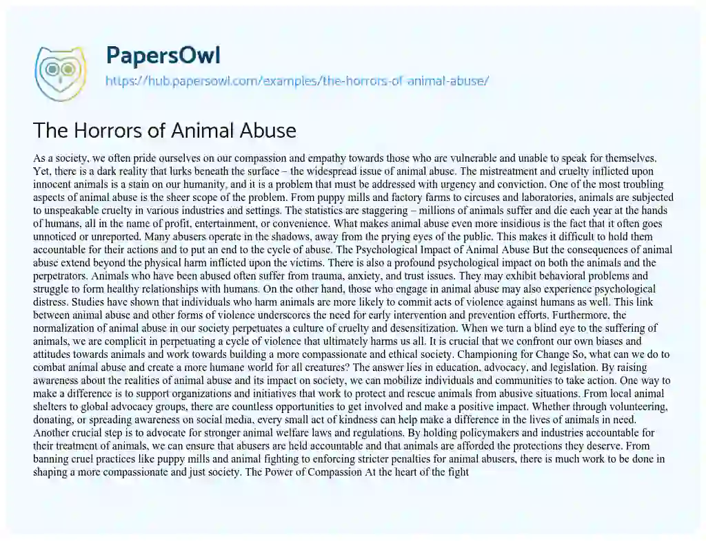 Essay on The Horrors of Animal Abuse