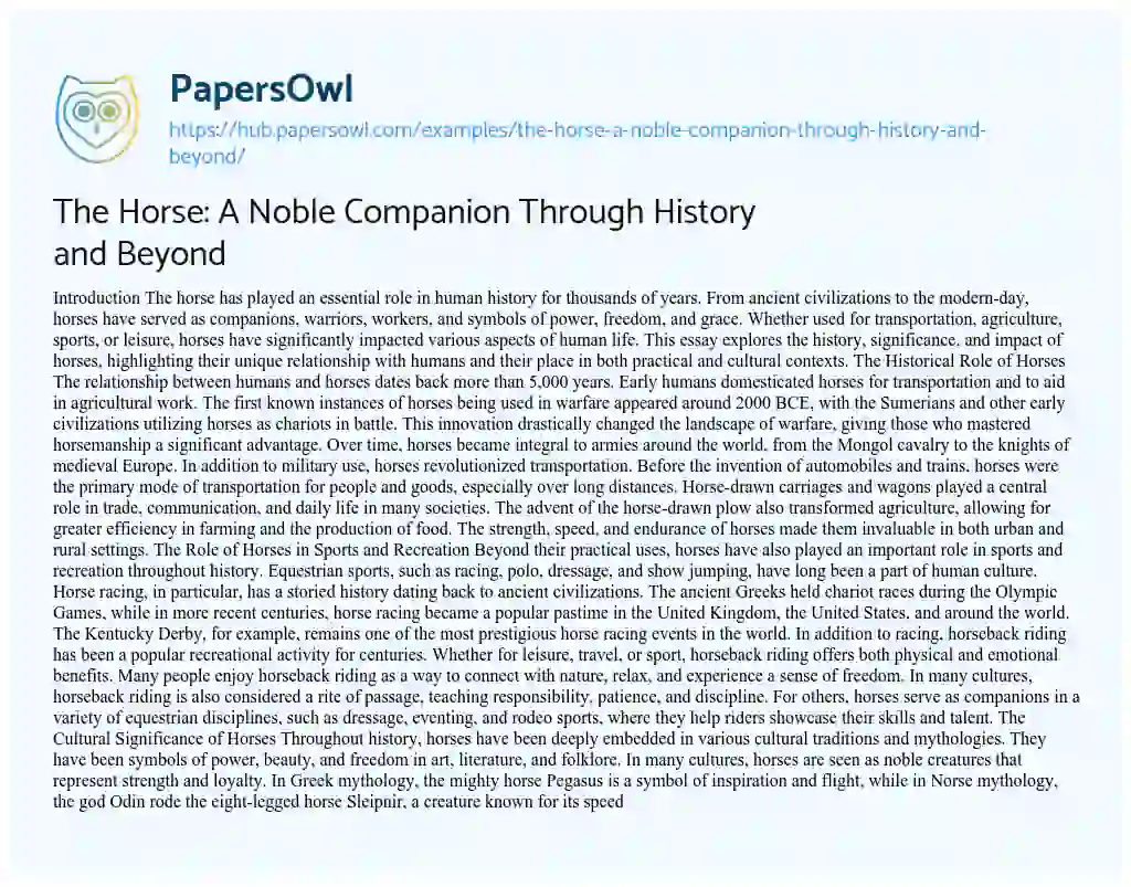 Essay on The Horse: A Noble Companion Through History and Beyond