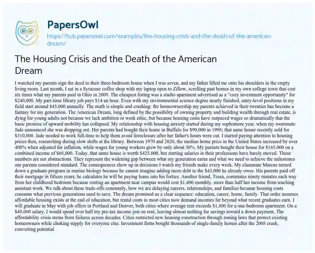 Essay on The Housing Crisis and the Death of the American Dream