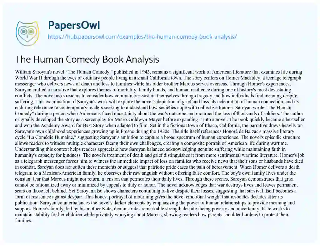 Essay on The Human Comedy Book Analysis