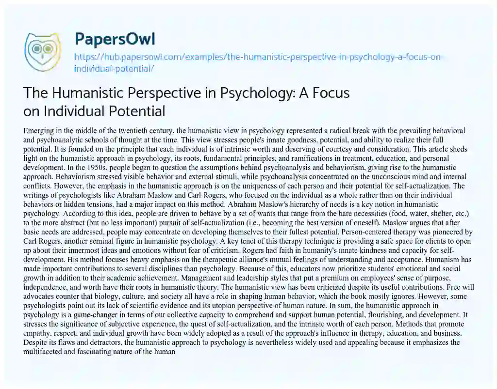 Essay on The Humanistic Perspective in Psychology: A Focus on Individual Potential