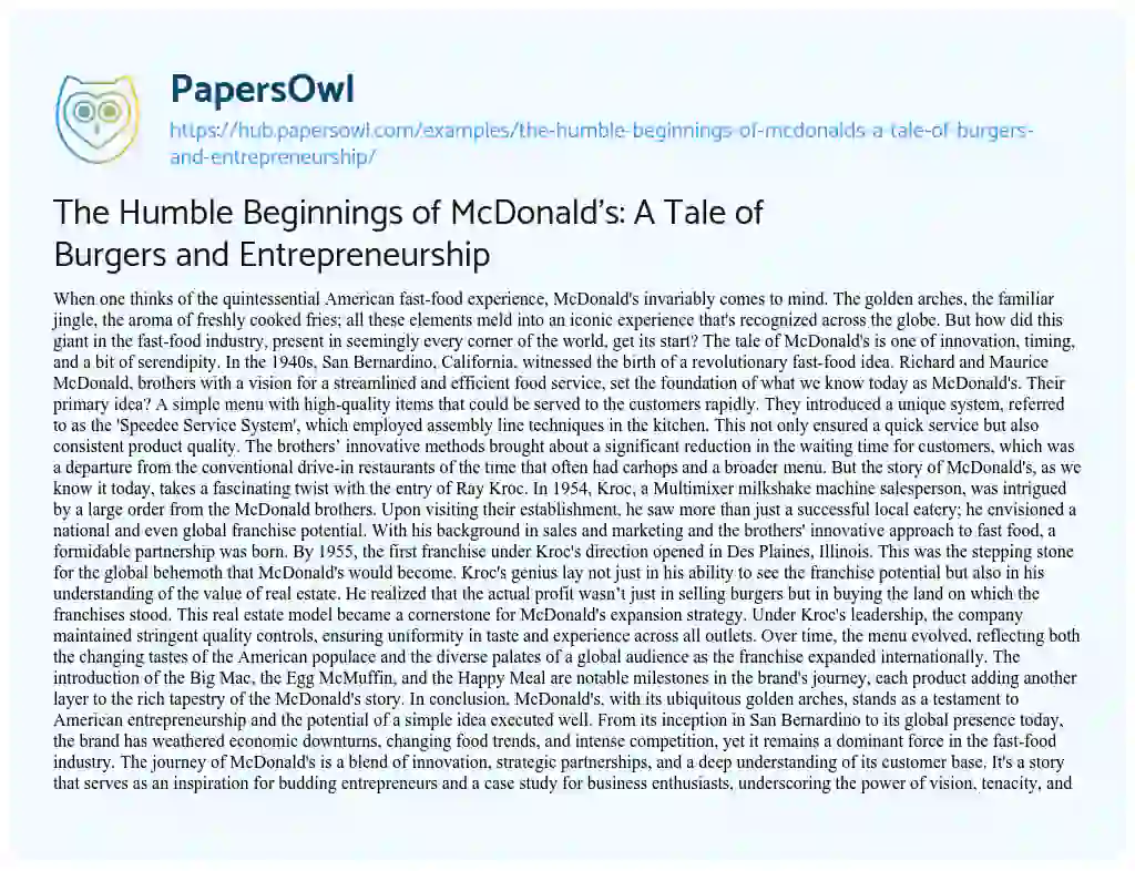Essay on The Humble Beginnings of McDonald’s: A Tale of Burgers and Entrepreneurship