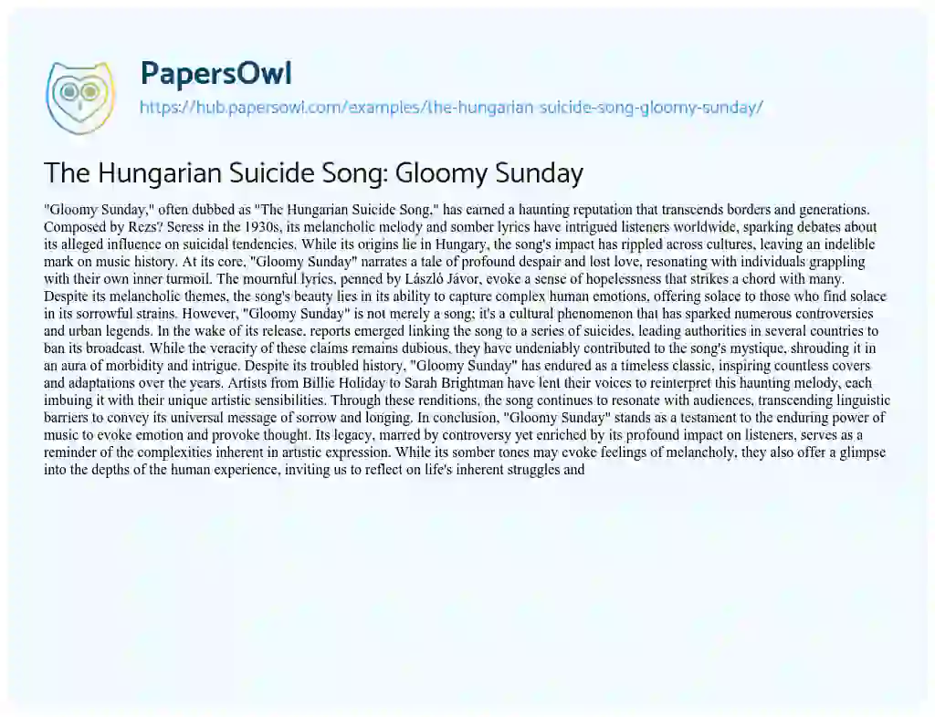 Essay on The Hungarian Suicide Song: Gloomy Sunday