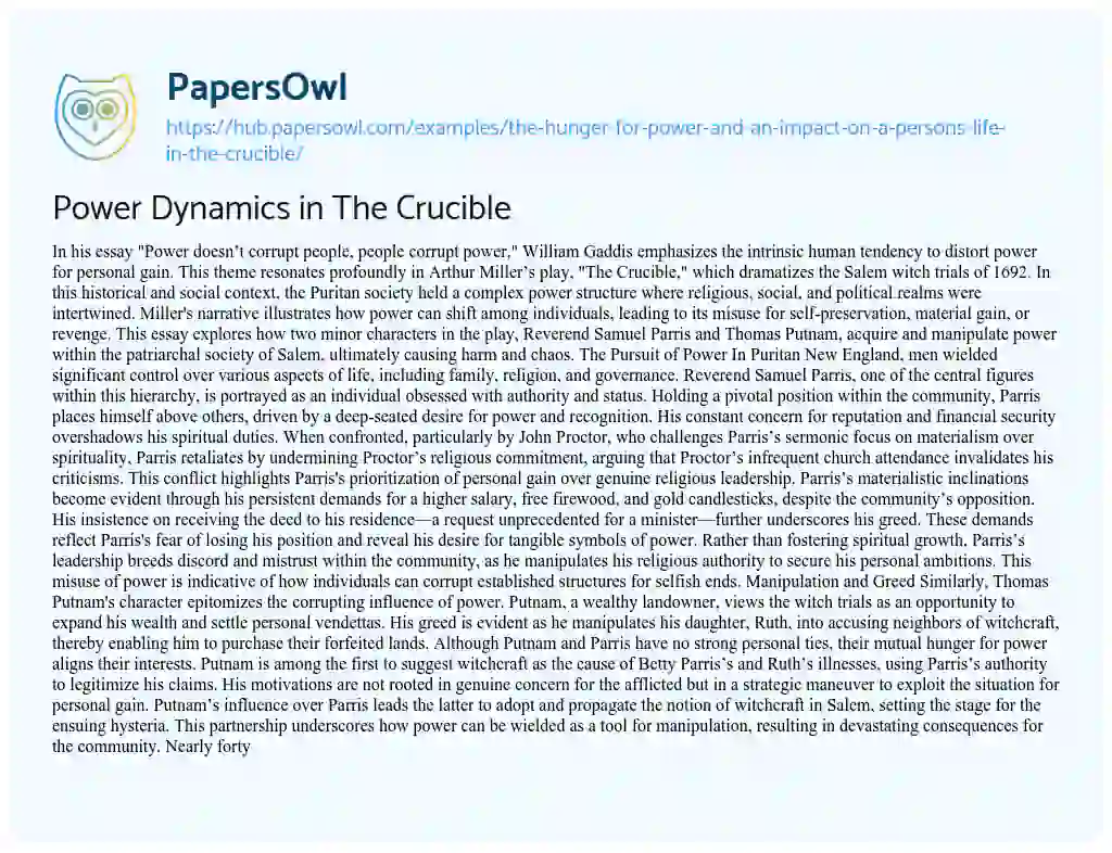 Essay on Power Dynamics in The Crucible