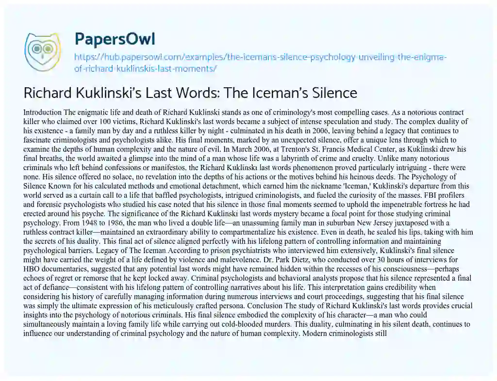 Essay on Richard Kuklinski’s Last Words: The Iceman’s Silence