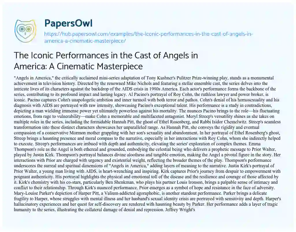 Essay on The Iconic Performances in the Cast of Angels in America: A Cinematic Masterpiece