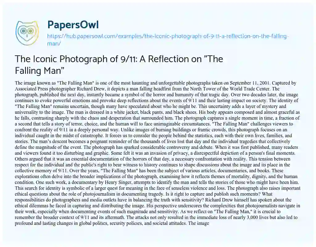 Essay on The Iconic Photograph of 9/11: A Reflection on “The Falling Man”