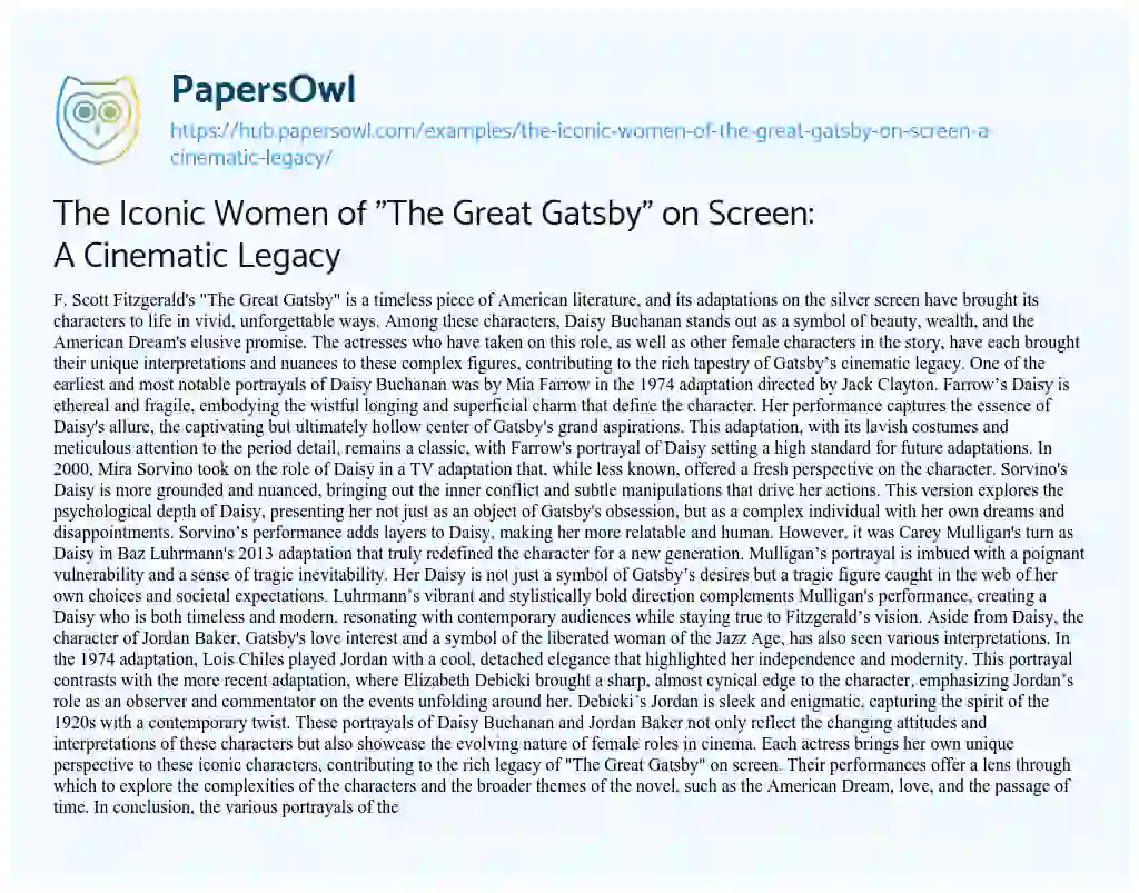 Essay on The Iconic Women of “The Great Gatsby” on Screen: A Cinematic Legacy