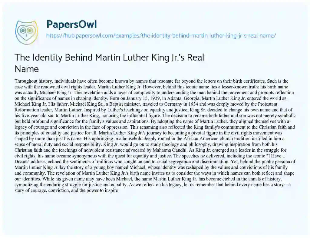 Essay on The Identity Behind Martin Luther King Jr.’s Real Name
