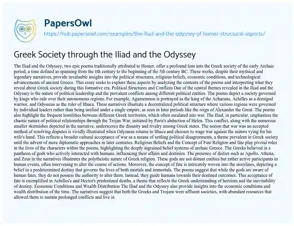 Essay on Greek Society through the Iliad and the Odyssey