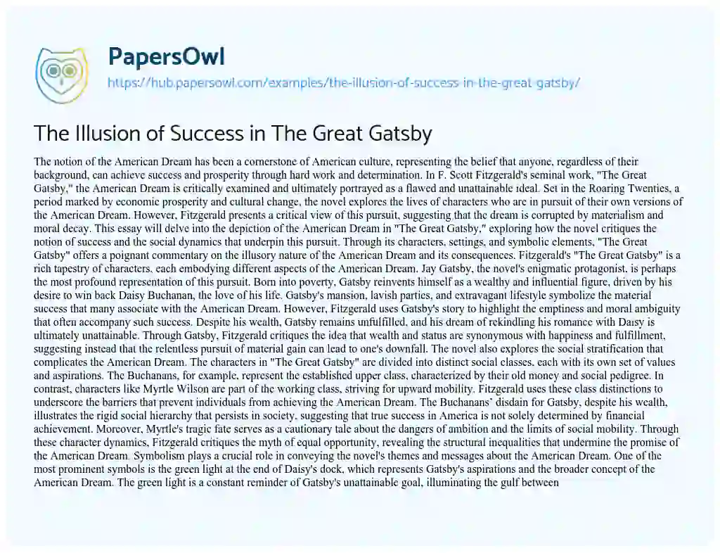 Essay on The Illusion of Success in The Great Gatsby