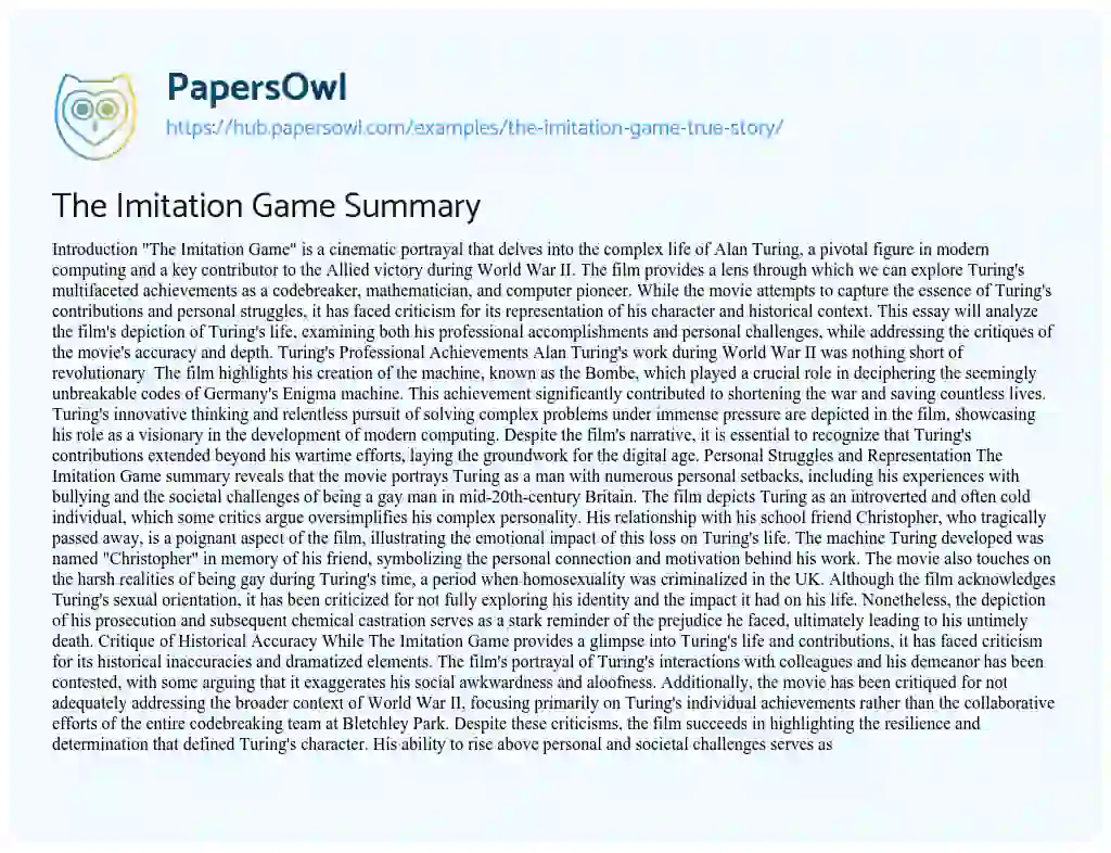 Essay on The Imitation Game Summary