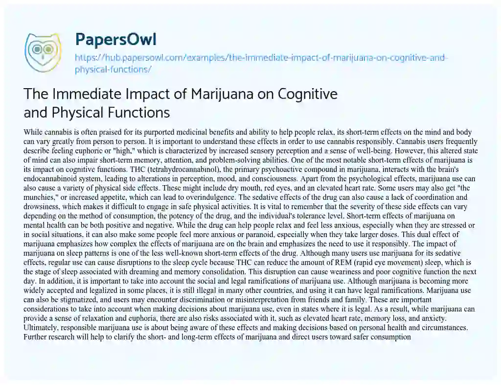 Essay on The Immediate Impact of Marijuana on Cognitive and Physical Functions