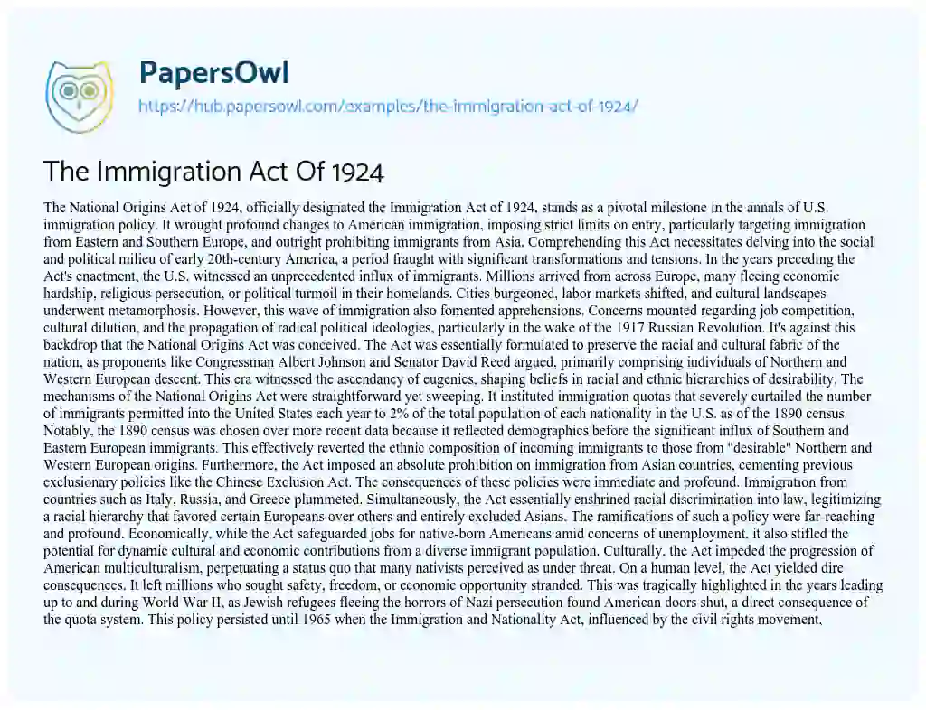 Essay on The Immigration Act Of 1924